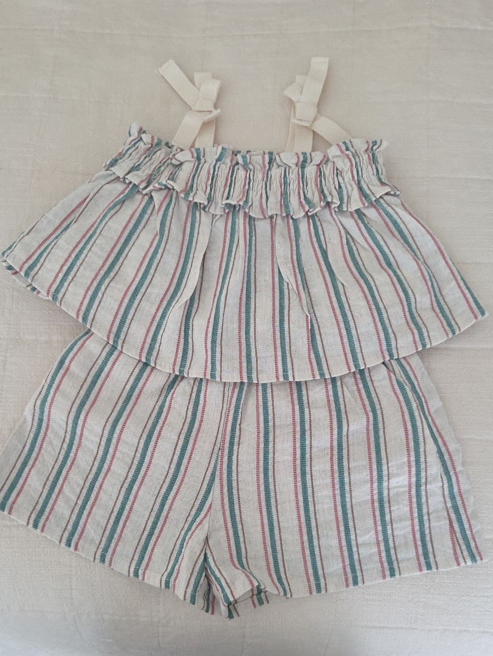 Striped Textured Bow Top And Shorts